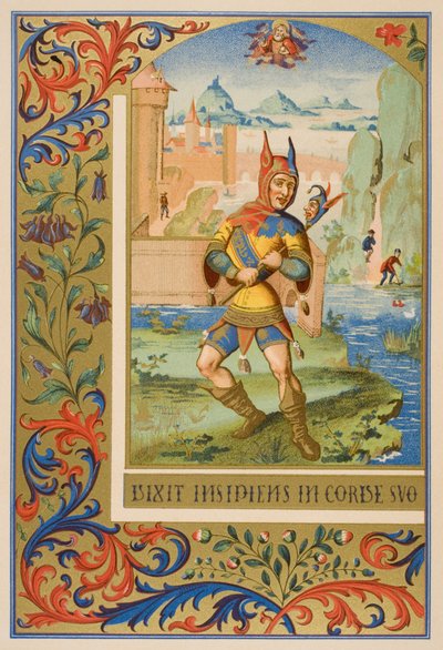 A court fool, reproduction of a miniature from a 15th century manuscript, from 